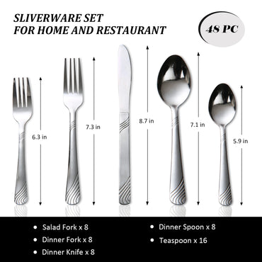 HANSMART 48 Pcs Cutlery Set For 8 Stainless Steel Knife Fork Spoon Tableware Flatware Set Kitchen Dinnerware Gift