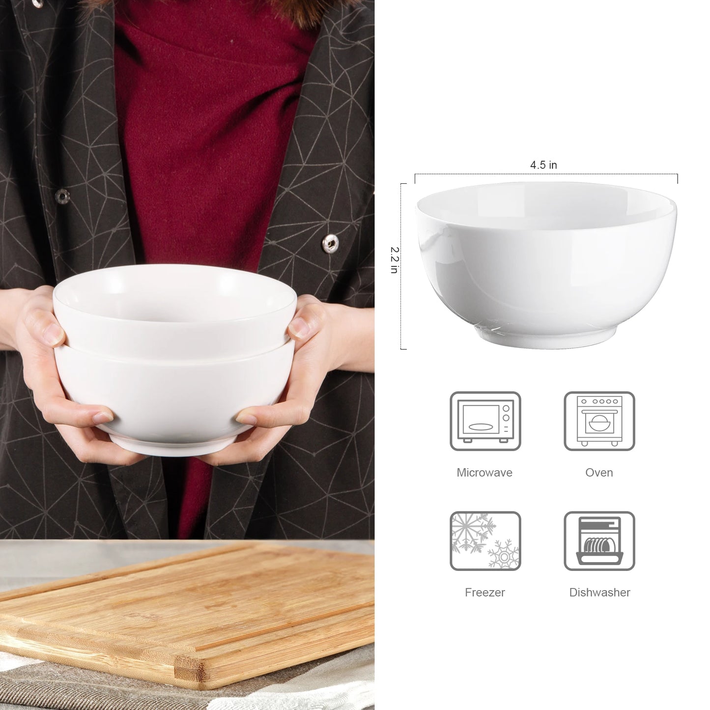 10 Ounce Porcelain Bowls Set 8 Pack Premium White Ceramic Bowls for Cereal, Soup, Salad, Pasta, Microwave & Dishwasher Safe