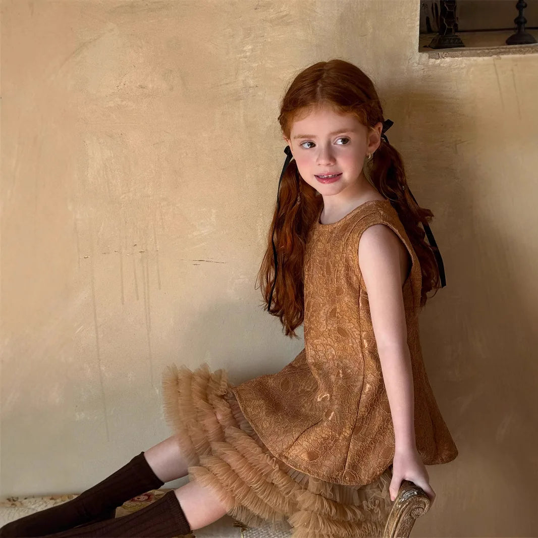 Slip Dress 2025 Spring and Summer New Solid Color Fashion Style Sleeveless Lace Puff Dress Kids Clothes Girls