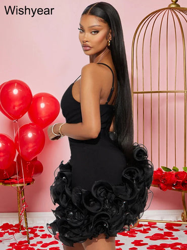 Mini Dress Women Sexy Straps Ruffle Red Luxury Birthday Night Prom Robe