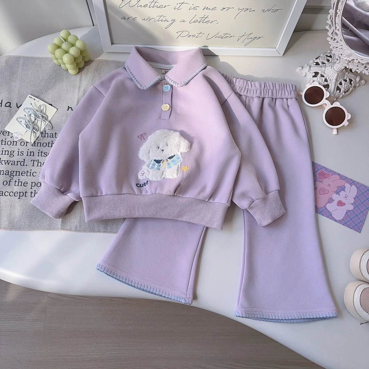 Children Girls Outfits 2026 Spring Kids Girls Dog Jacquard Turn Down Collar Sweatshirt Suits Solid Bell-bottoms 2PCS Clothes Set