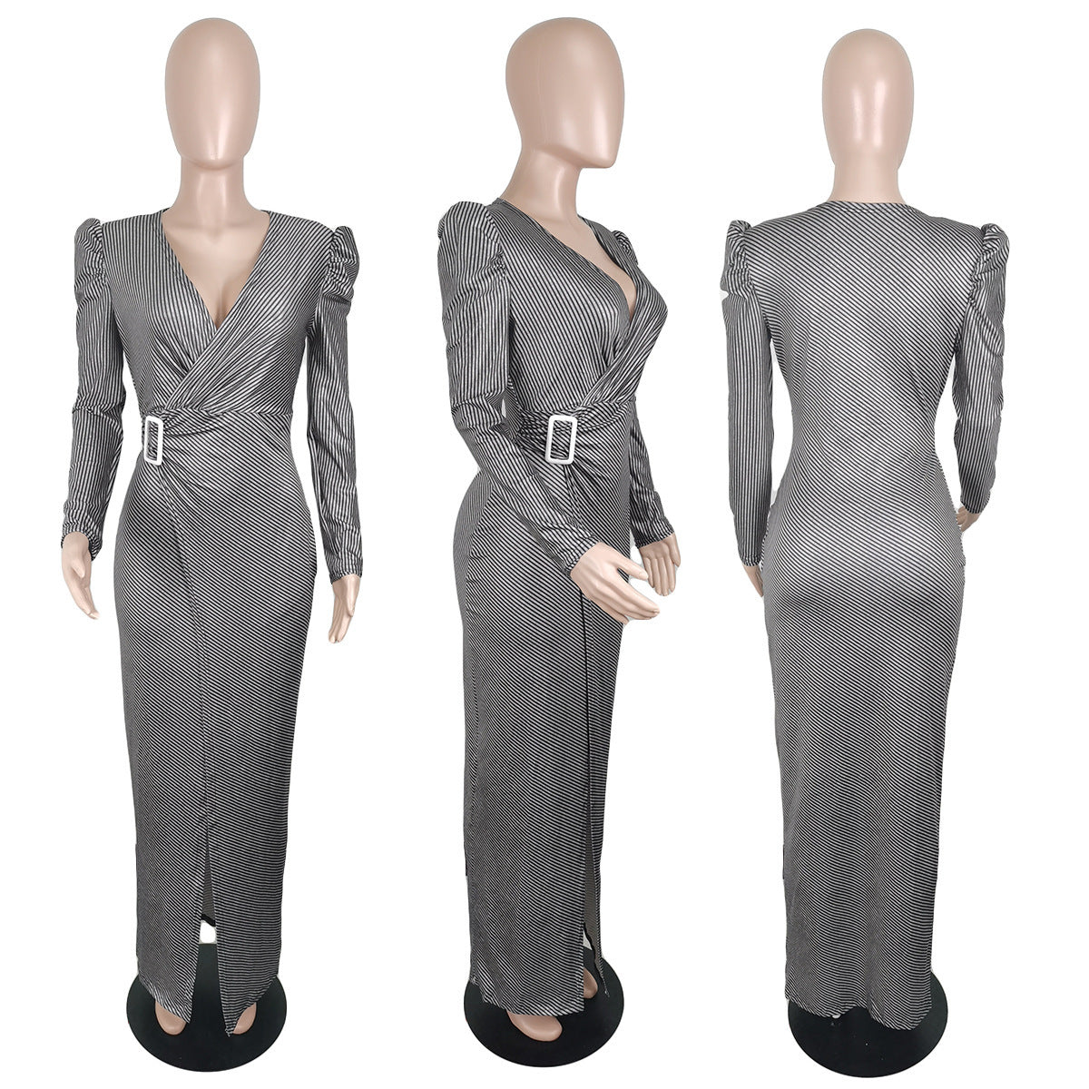 European And American Women's Fashion Line Print Dress Simple