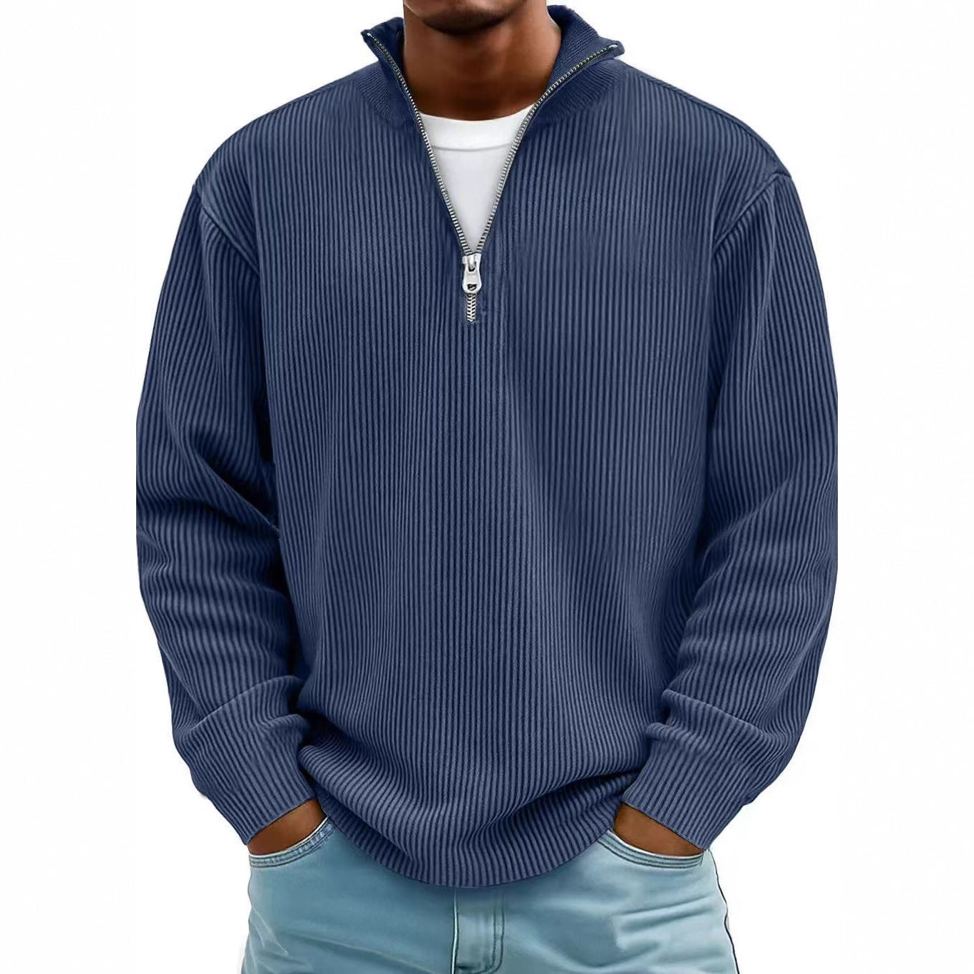 Casual Ribbed Stand Collar Zipper Corduroy Long Sleeve