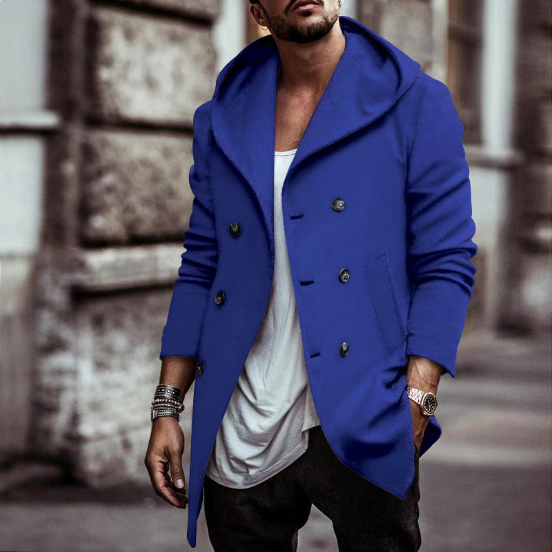 Male Mid-length Lapel Hooded Double-breasted Trench Coat