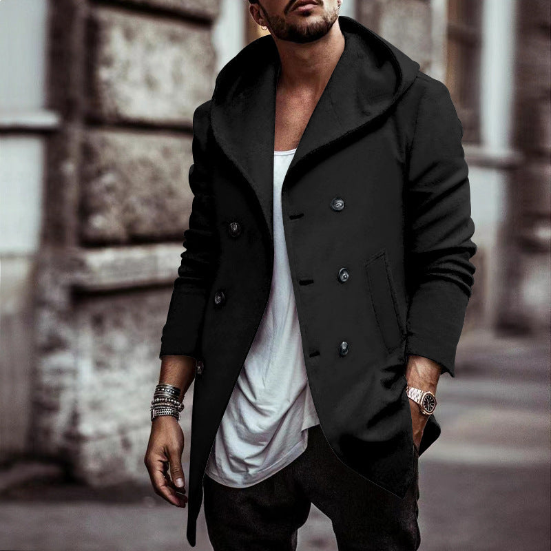 Male Mid-length Lapel Hooded Double-breasted Trench Coat
