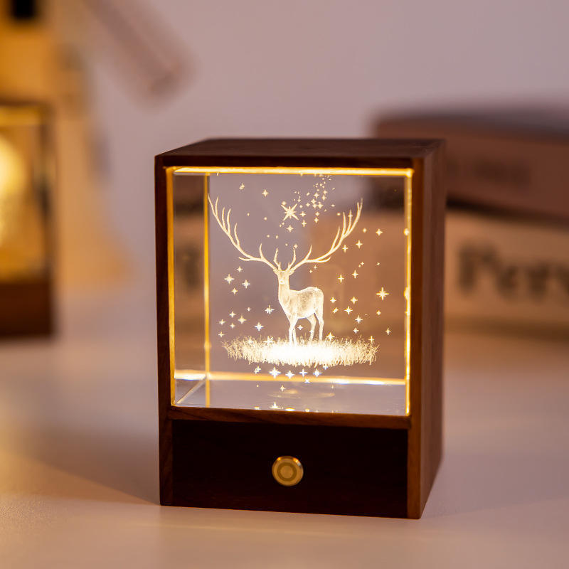 Wooden Box Square Crystal Ball Elk Cloud Night Light Christmas Birthday Gift