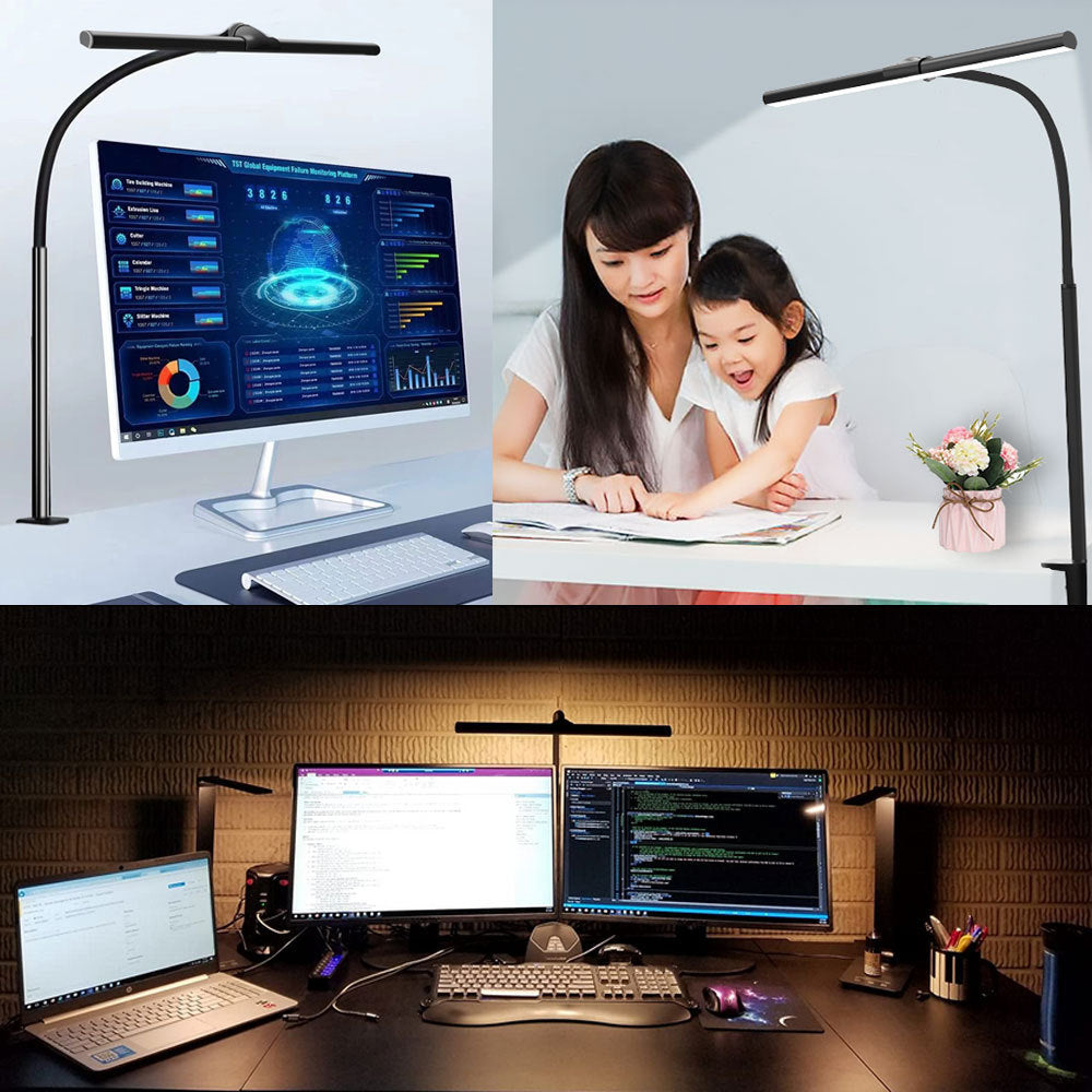 LED Table Lamp With Clamp Office Work Computer USB Double Head Desk Eye Protection