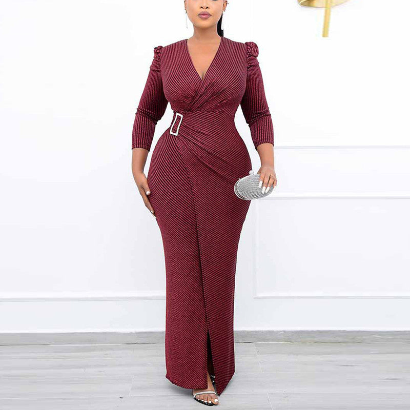 European And American Women's Fashion Line Print Dress Simple