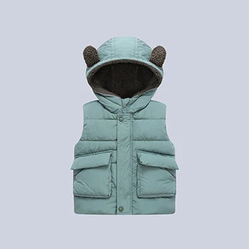 2-6 Years Autumn Winter Boys Vest Bear Ears Solid Color Keep Warm Little Princess Girls Waistcoat Hooded Boys Coat Kids Clothes