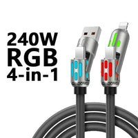 240W RGB LED 4-in-1 Fast Cable 4PCS for iPhone Type-C Android Gaming Charger