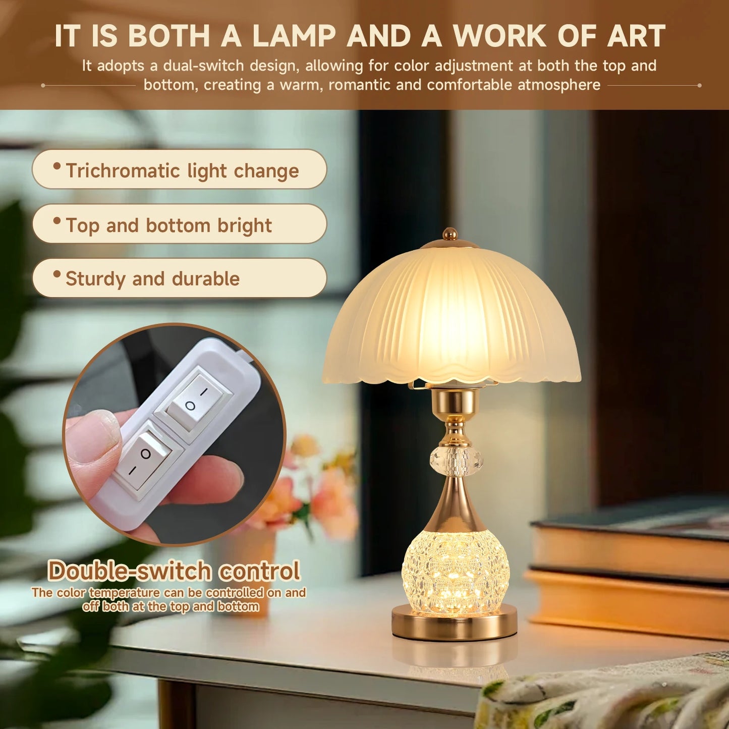 Bedside Table Lamp Petal Light Luxury Crystal Push Button Switch Bedroom Living Room Den Control Dimming Warm Atmosphere Decorat