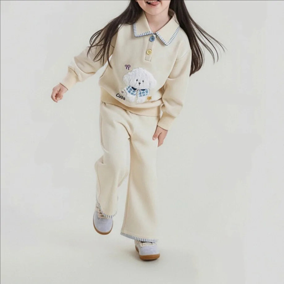 Children Girls Outfits 2026 Spring Kids Girls Dog Jacquard Turn Down Collar Sweatshirt Suits Solid Bell-bottoms 2PCS Clothes Set