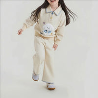 Children Girls Outfits 2026 Spring Kids Girls Dog Jacquard Turn Down Collar Sweatshirt Suits Solid Bell-bottoms 2PCS Clothes Set