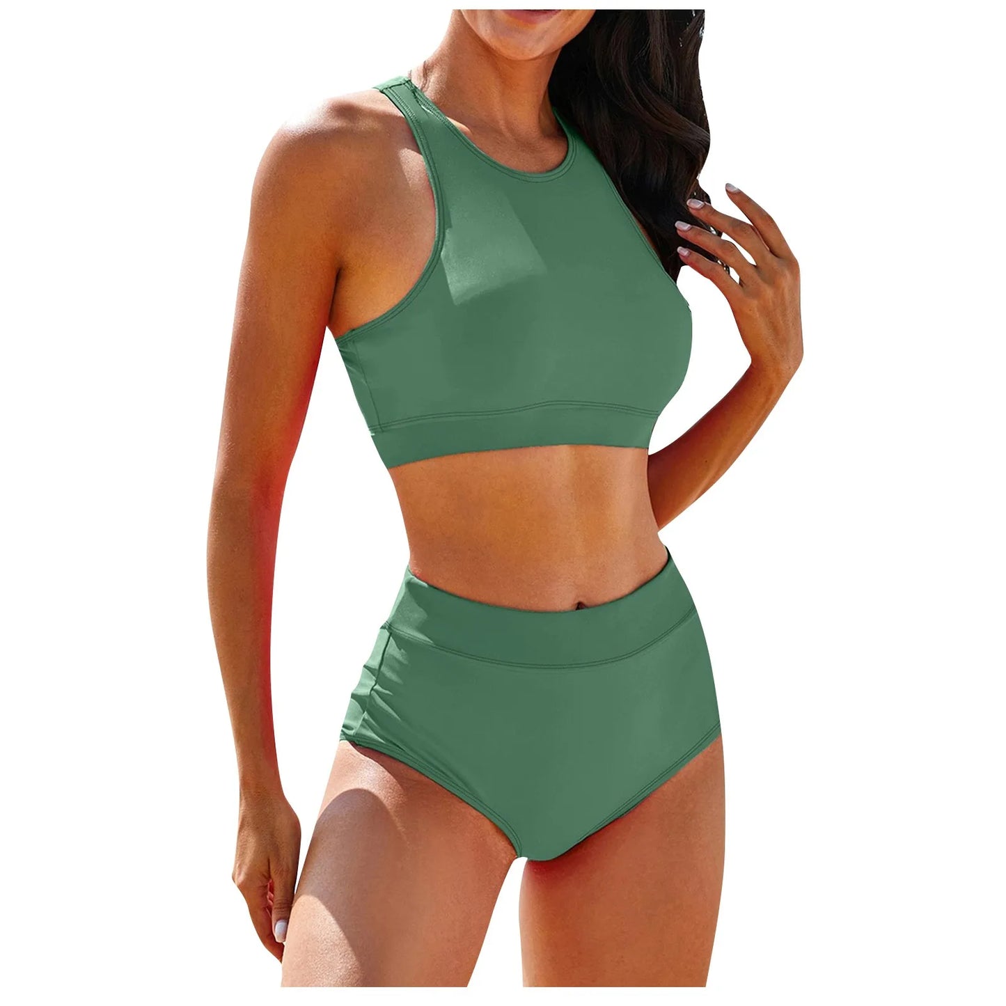 Summer High Elastic Swimwear Solid Color Square Neck Underwear Vest Bikini Set High Waist Casual Separate Two-Piece Swimsuit