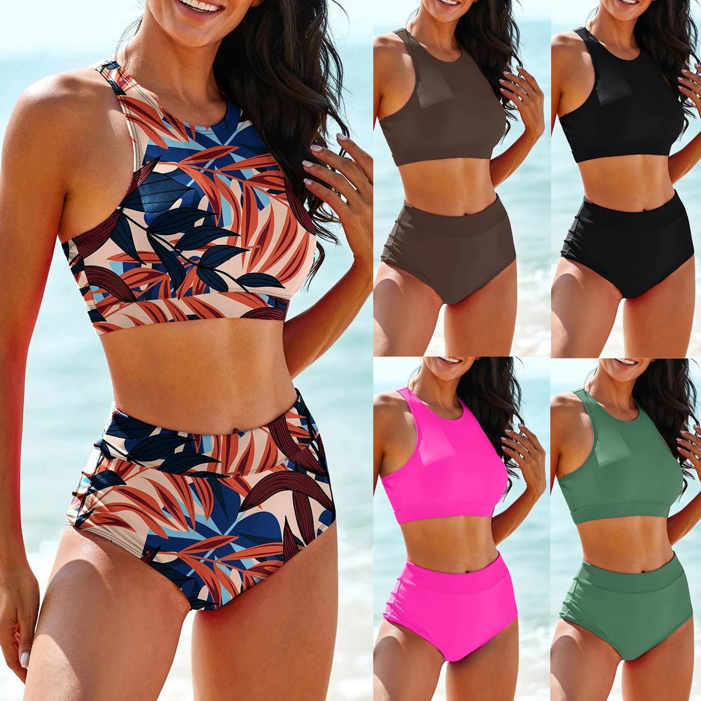 Summer High Elastic Swimwear Solid Color Square Neck Underwear Vest Bikini Set High Waist Casual Separate Two-Piece Swimsuit