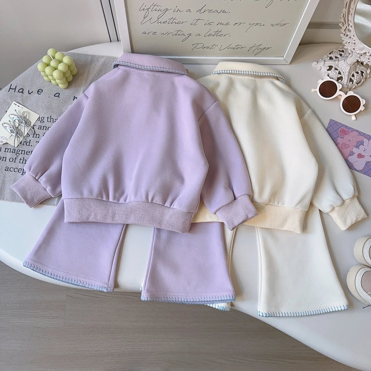 Children Girls Outfits 2026 Spring Kids Girls Dog Jacquard Turn Down Collar Sweatshirt Suits Solid Bell-bottoms 2PCS Clothes Set