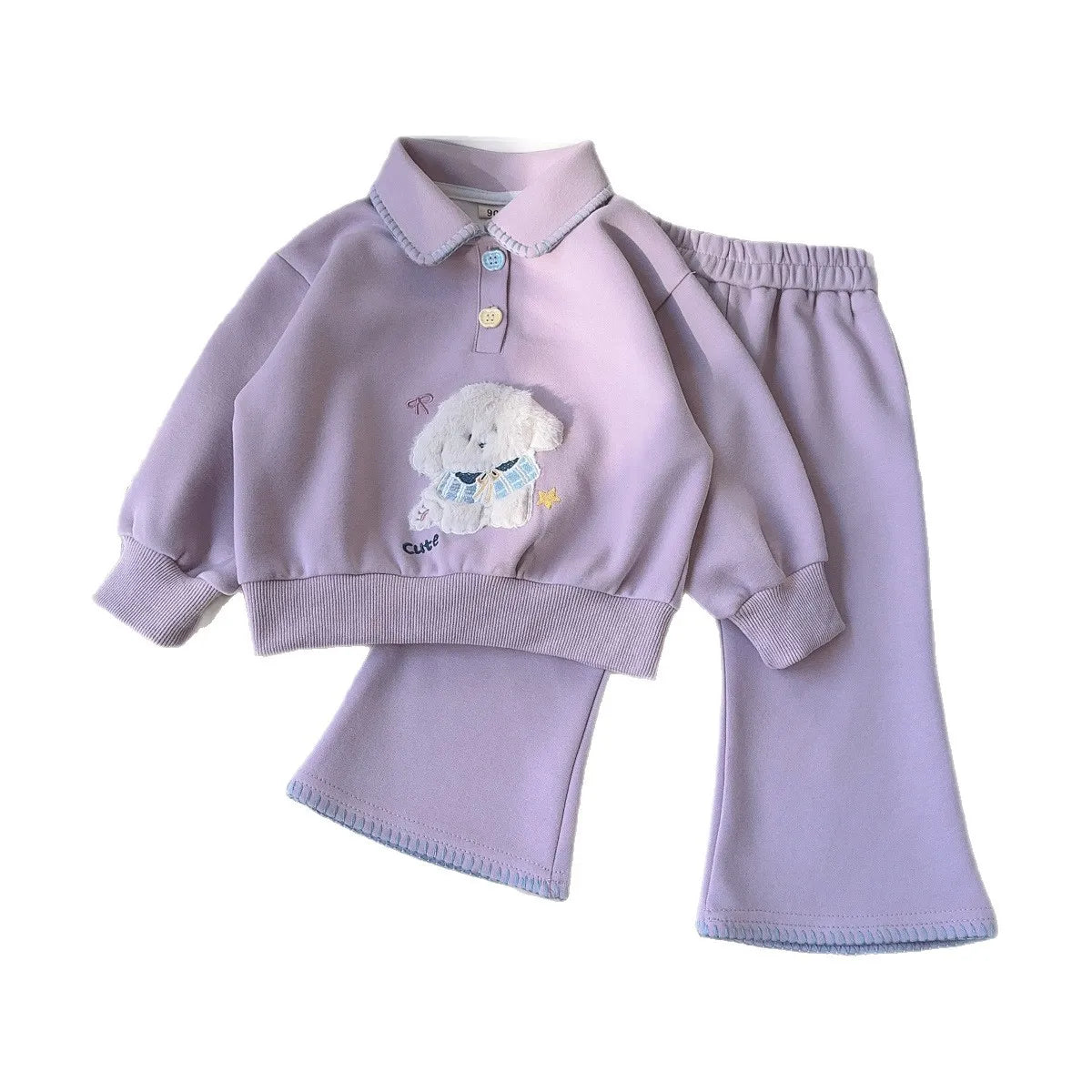 Children Girls Outfits 2026 Spring Kids Girls Dog Jacquard Turn Down Collar Sweatshirt Suits Solid Bell-bottoms 2PCS Clothes Set