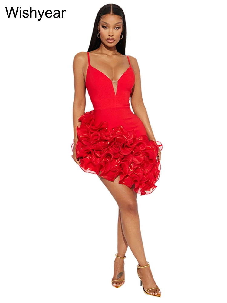 Mini Dress Women Sexy Straps Ruffle Red Luxury Birthday Night Prom Robe