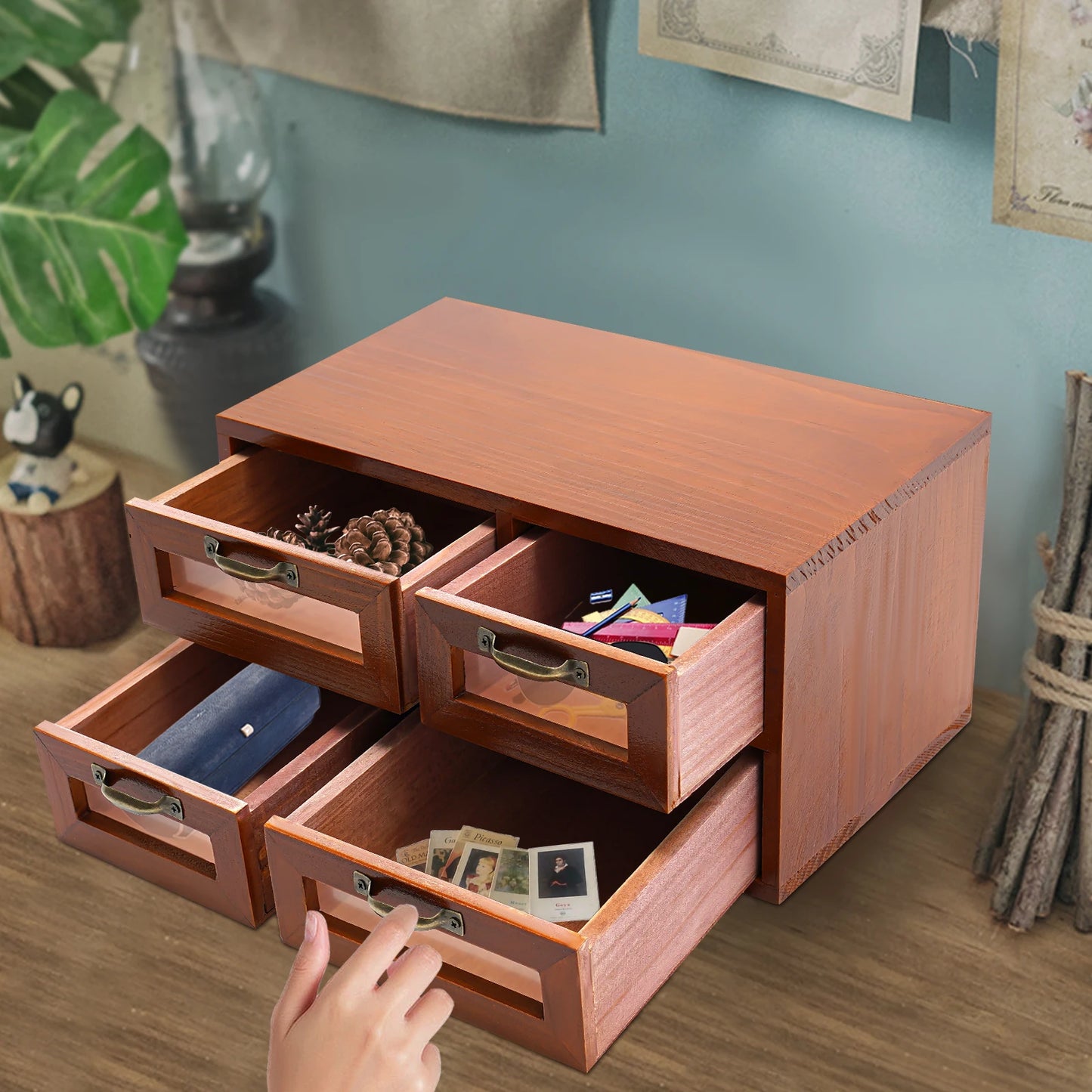 4-Drawer Retro Desktop Organizer Wooden Tabletop Storage Box Desk Accessories Home Office Decor