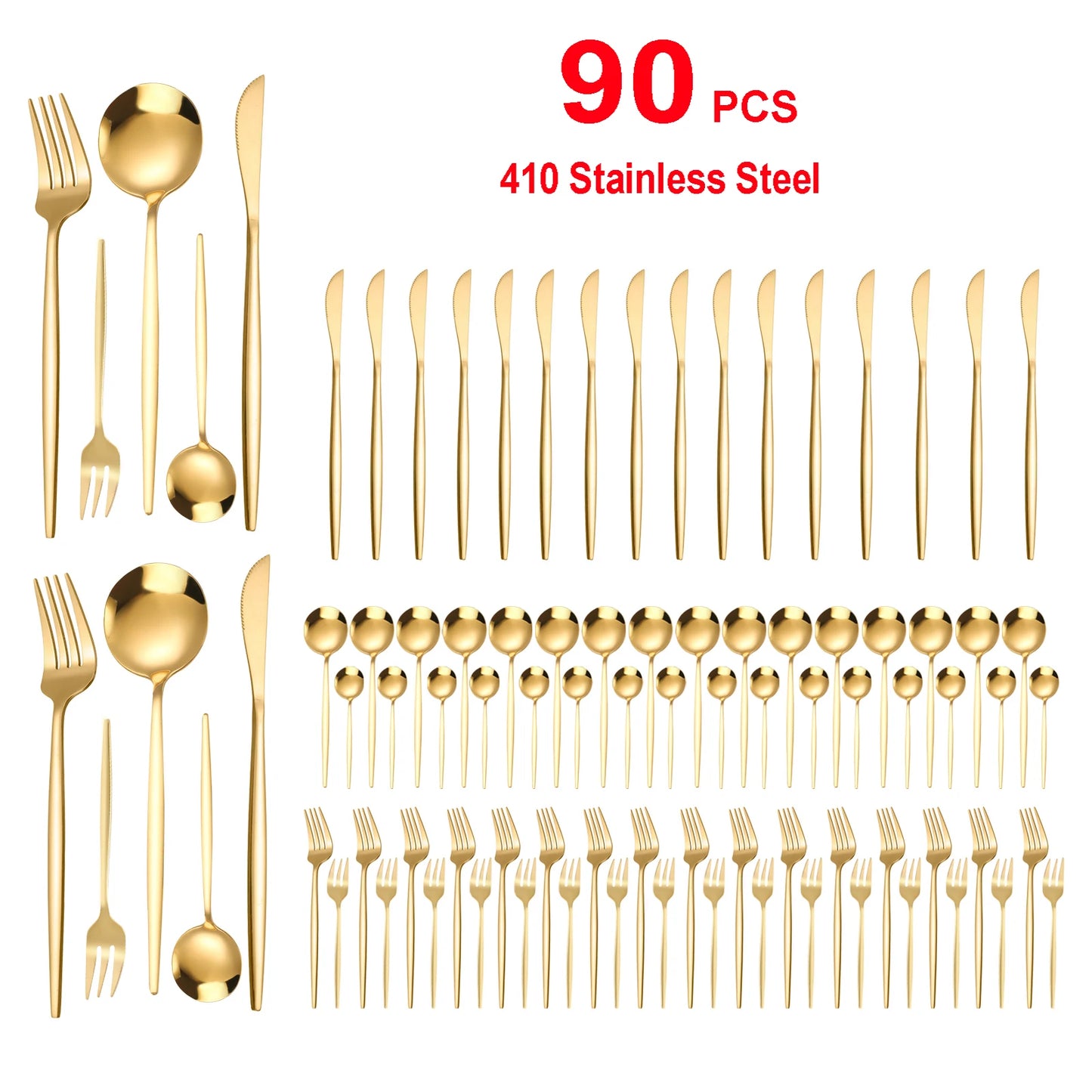 90Pcs Gold Stainless Steel Silverware - Heavy Duty Cutlery, 420 Stainless Steel Tableware Set for Wedding, Buffets, Restaurants