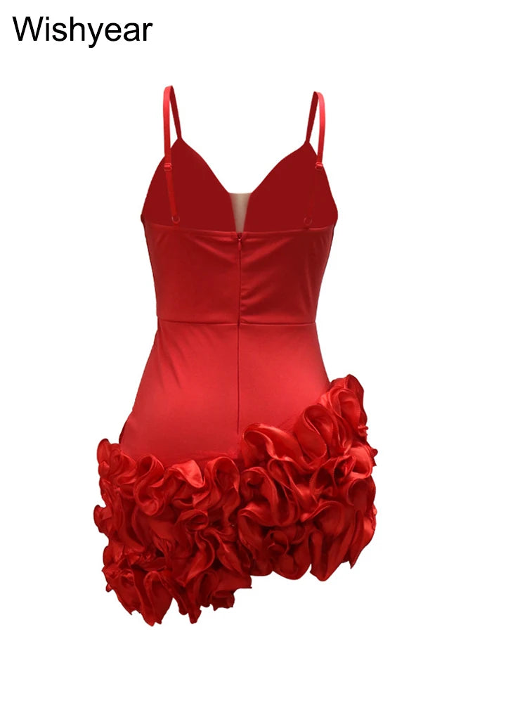 Mini Dress Women Sexy Straps Ruffle Red Luxury Birthday Night Prom Robe