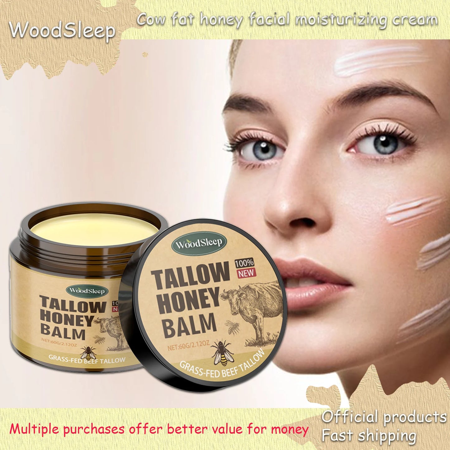WoodSleep 60g Beef Tallow Honey Face Moisturizer - Intense Hydration for Dry Skin, Anti-Chapping Winter Skincare for Women & Men