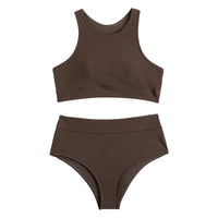 Summer High Elastic Swimwear Solid Color Square Neck Underwear Vest Bikini Set High Waist Casual Separate Two-Piece Swimsuit