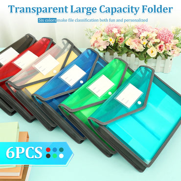 6 Pack A4 Transparent File Bag Plastic Expanding File Folder with Snap Closure Large Capacity Document Folder Office Supplies