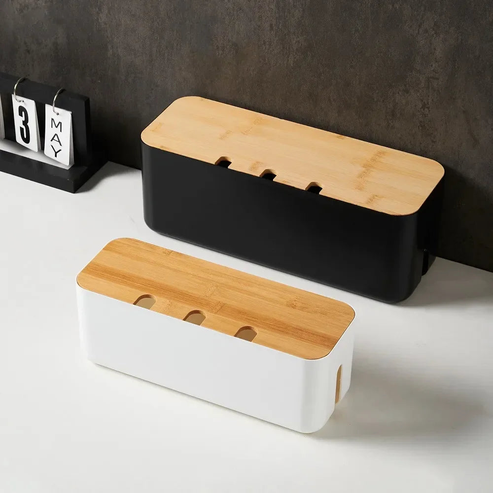 Bamboo Cover Cable Management Box Wire Junction Board Storage Box Hide Wires Power Strips Desk Cable Computer Organizer Box