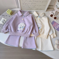 Children Girls Outfits 2026 Spring Kids Girls Dog Jacquard Turn Down Collar Sweatshirt Suits Solid Bell-bottoms 2PCS Clothes Set
