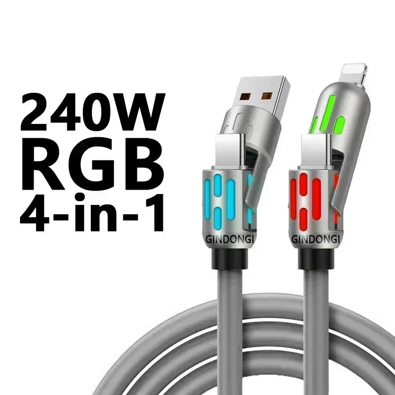 240W RGB LED 4-in-1 Fast Cable 4PCS for iPhone Type-C Android Gaming Charger