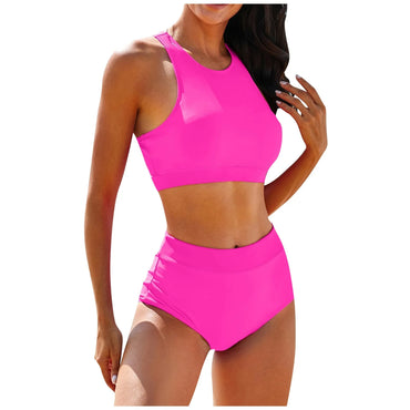 Summer High Elastic Swimwear Solid Color Square Neck Underwear Vest Bikini Set High Waist Casual Separate Two-Piece Swimsuit