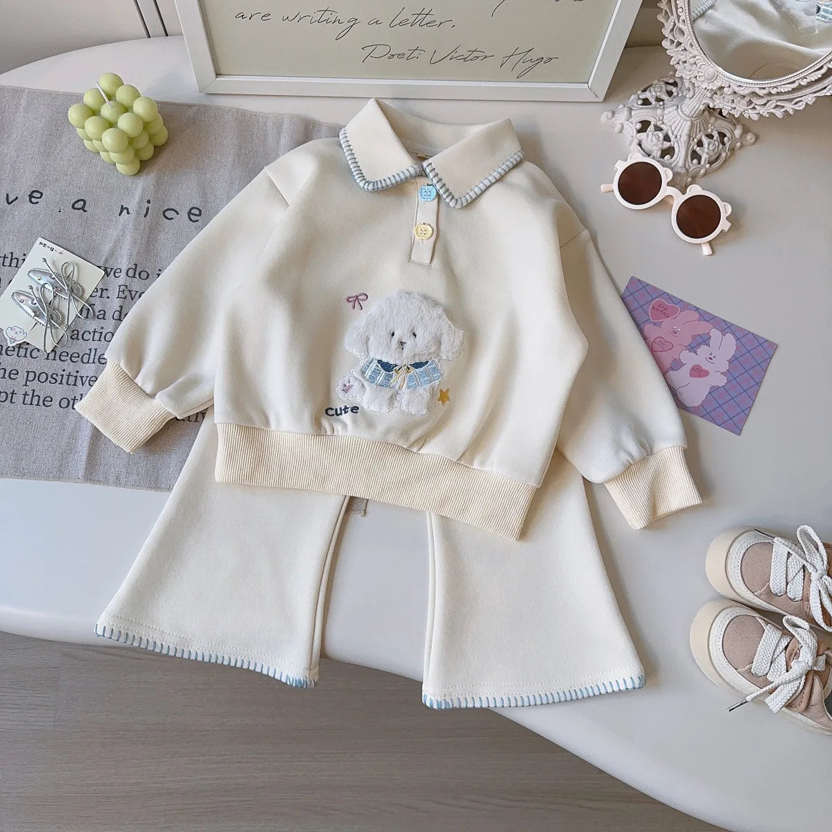 Children Girls Outfits 2026 Spring Kids Girls Dog Jacquard Turn Down Collar Sweatshirt Suits Solid Bell-bottoms 2PCS Clothes Set