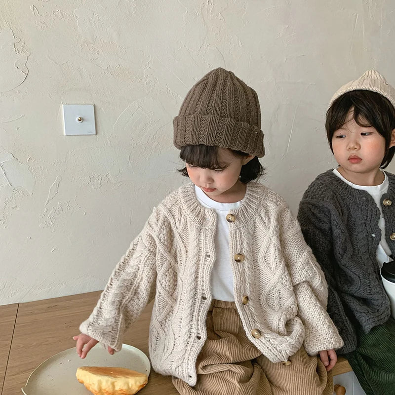 1 2 3 4 5 6 7 8 Years Girls Knitted Sweater Cardigan New Fashion Baby Coarse Wool Hemp Retro Cardigan Boys Coat Kids Clothes