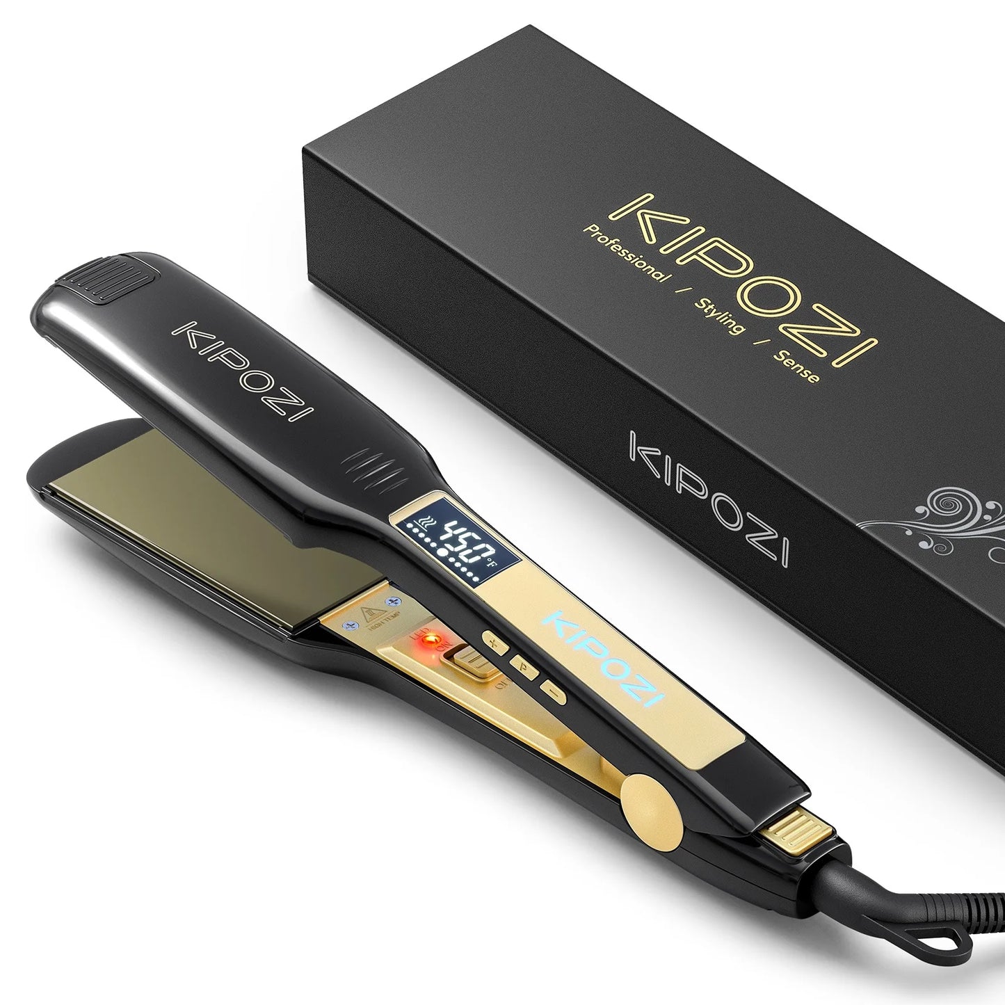 KIPOZI Professional Hair Straightener Titanium Flat Iron with Digital LCD Display Dual Voltage Instant Heating Curling Iron