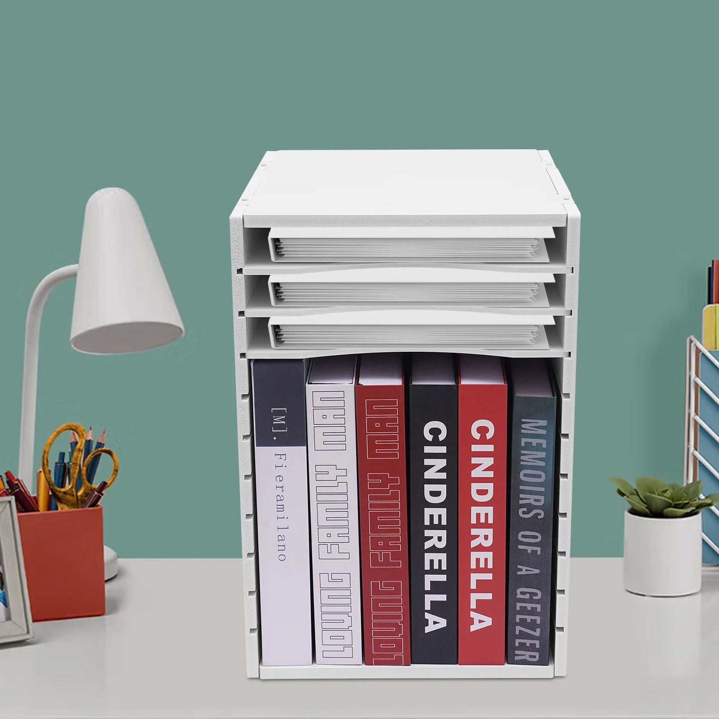 White PVC Adjustable Desktop File Organizer W/ 11 Compartments, Removable Dividers for Office Supplies, Mail, and Documents