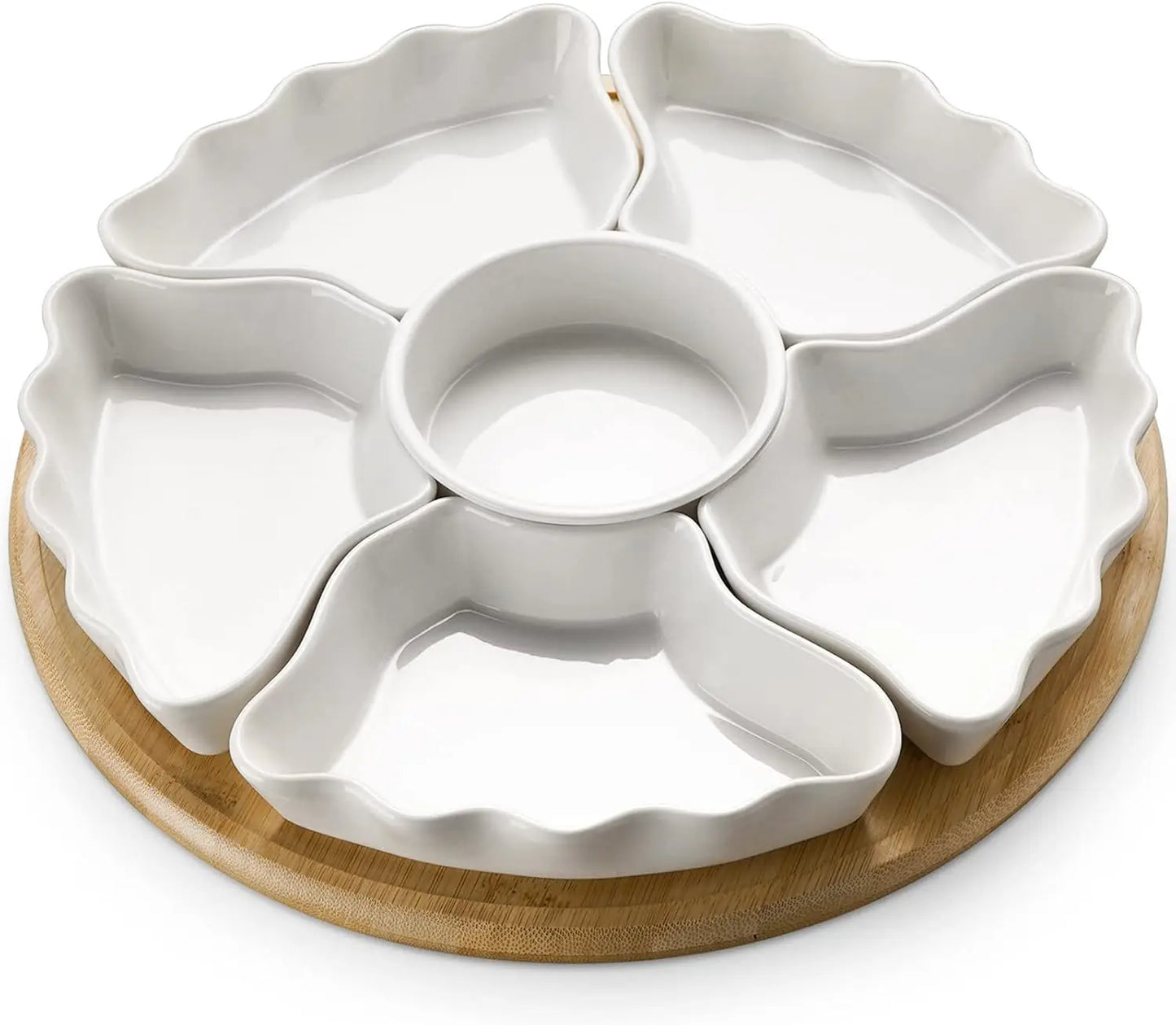 360° Rotating Divided Serving Tray, 12 Inch - 7-Piece Removable Bowls for Chips, Dip, Fruit & Snacks, White Party Platter