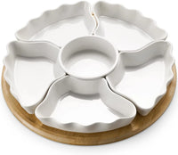 360° Rotating Divided Serving Tray, 12 Inch - 7-Piece Removable Bowls for Chips, Dip, Fruit & Snacks, White Party Platter