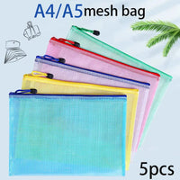 5pcs mixed color mesh zipper bag file bag waterproof zipper folder A4A5 school office supplies pencil bag storage bag