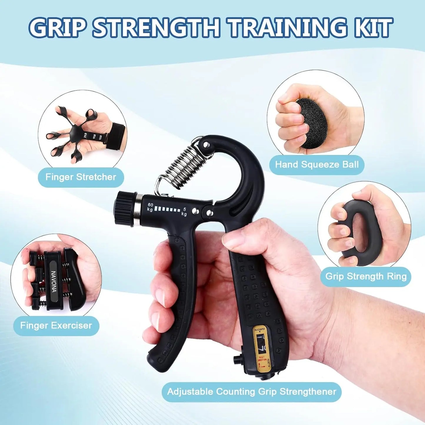 Hand Grip Strengthener Exercise Kit with 5 Pieces Hand Exerciser for Men Women Power Hand Grip Trainer Finger Stretcher Grip Ri