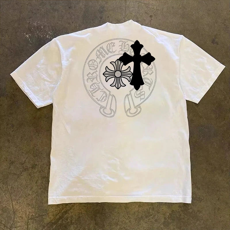 Men's T-shirt Cotton heavy cross print T-shirt Harajuku y2k casual O-neck short sleeve unisex