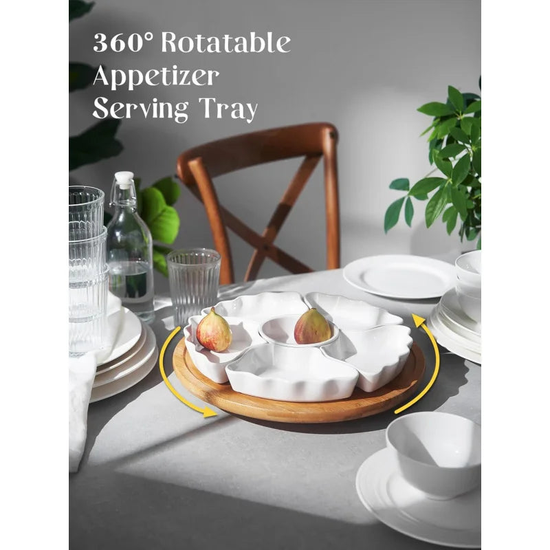 360° Rotating Divided Serving Tray, 12 Inch - 7-Piece Removable Bowls for Chips, Dip, Fruit & Snacks, White Party Platter