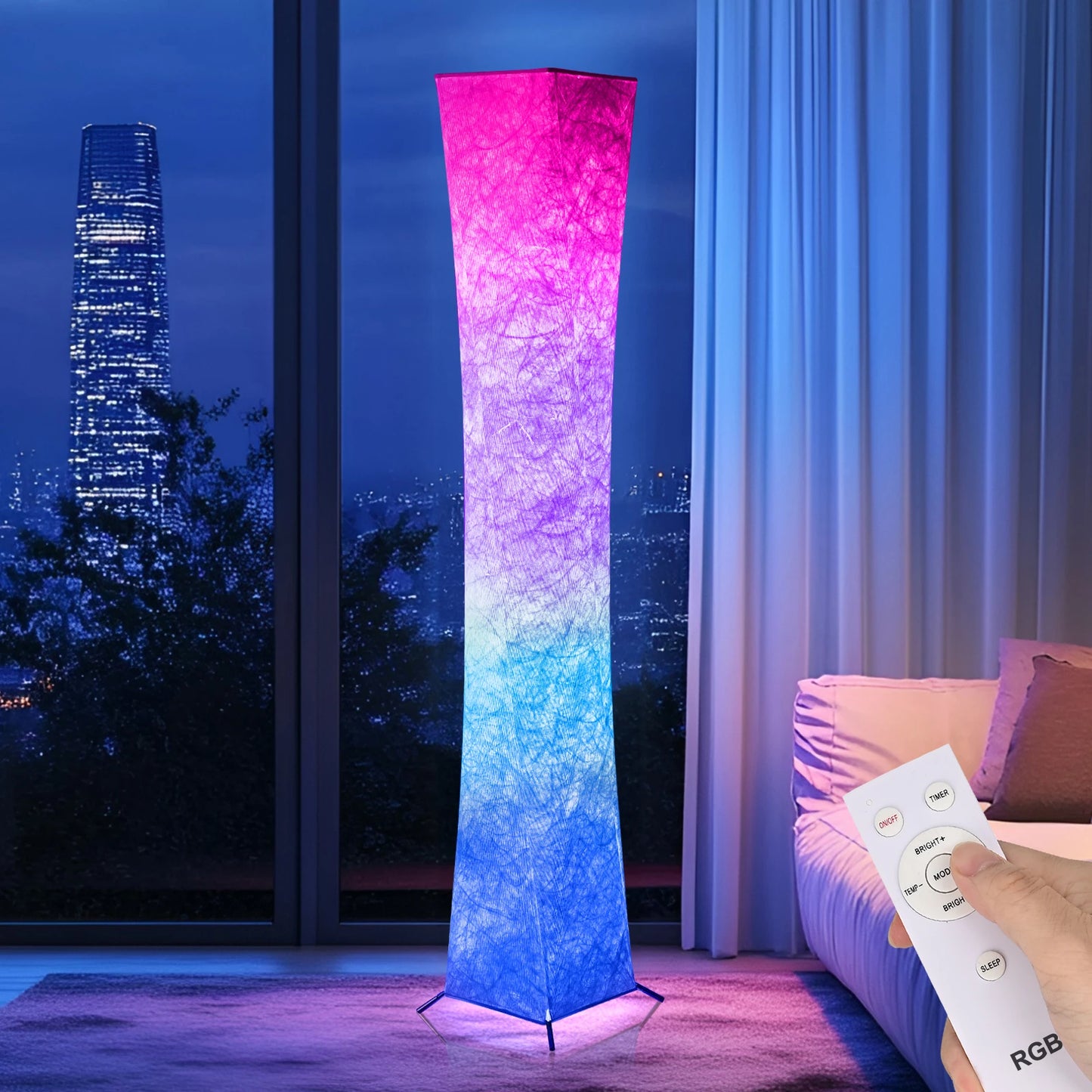 52" Simple Design Soft Light Floor Lamp, Morden Slim RGB 16 Color Changing LED Tyvek Fabric Shade Dimmable Remote Control Stand