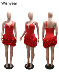 Mini Dress Women Sexy Straps Ruffle Red Luxury Birthday Night Prom Robe