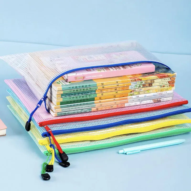 5pcs mixed color mesh zipper bag file bag waterproof zipper folder A4A5 school office supplies pencil bag storage bag