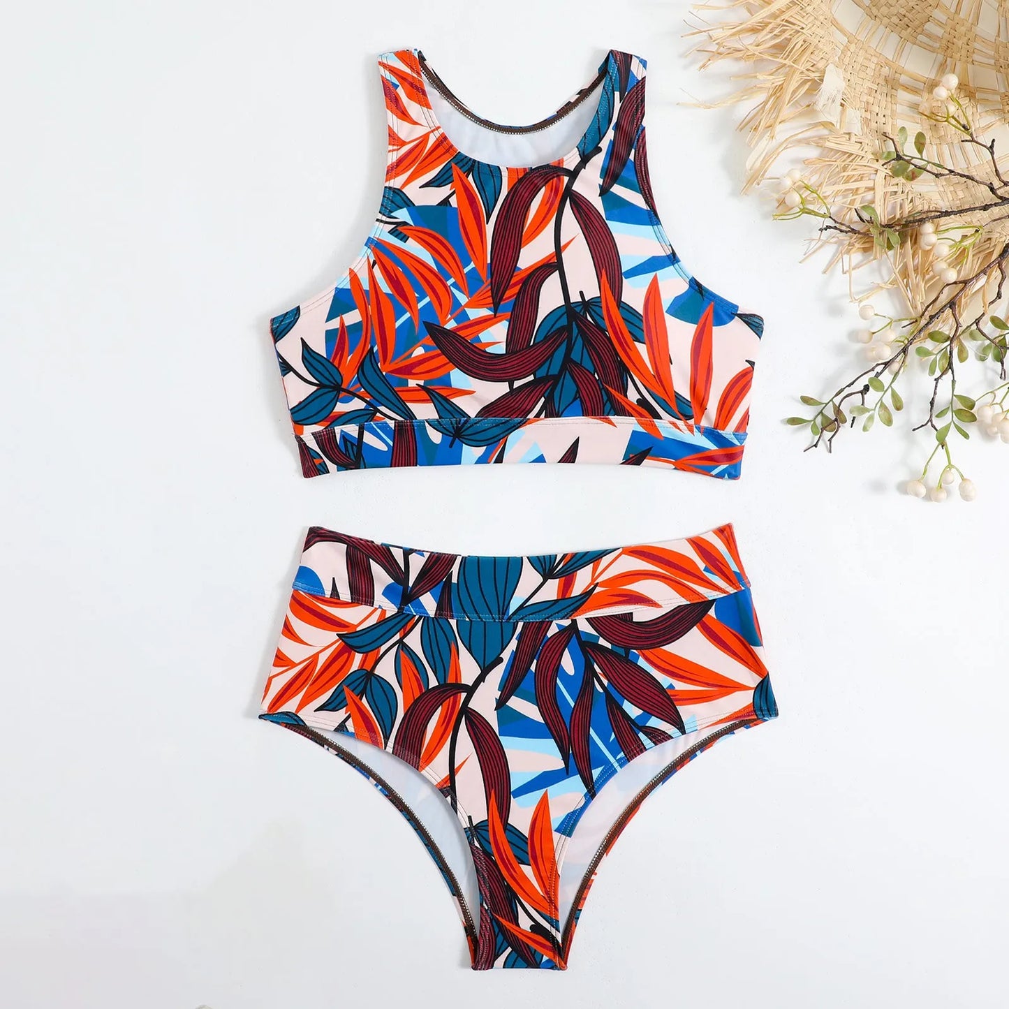 Summer High Elastic Swimwear Solid Color Square Neck Underwear Vest Bikini Set High Waist Casual Separate Two-Piece Swimsuit