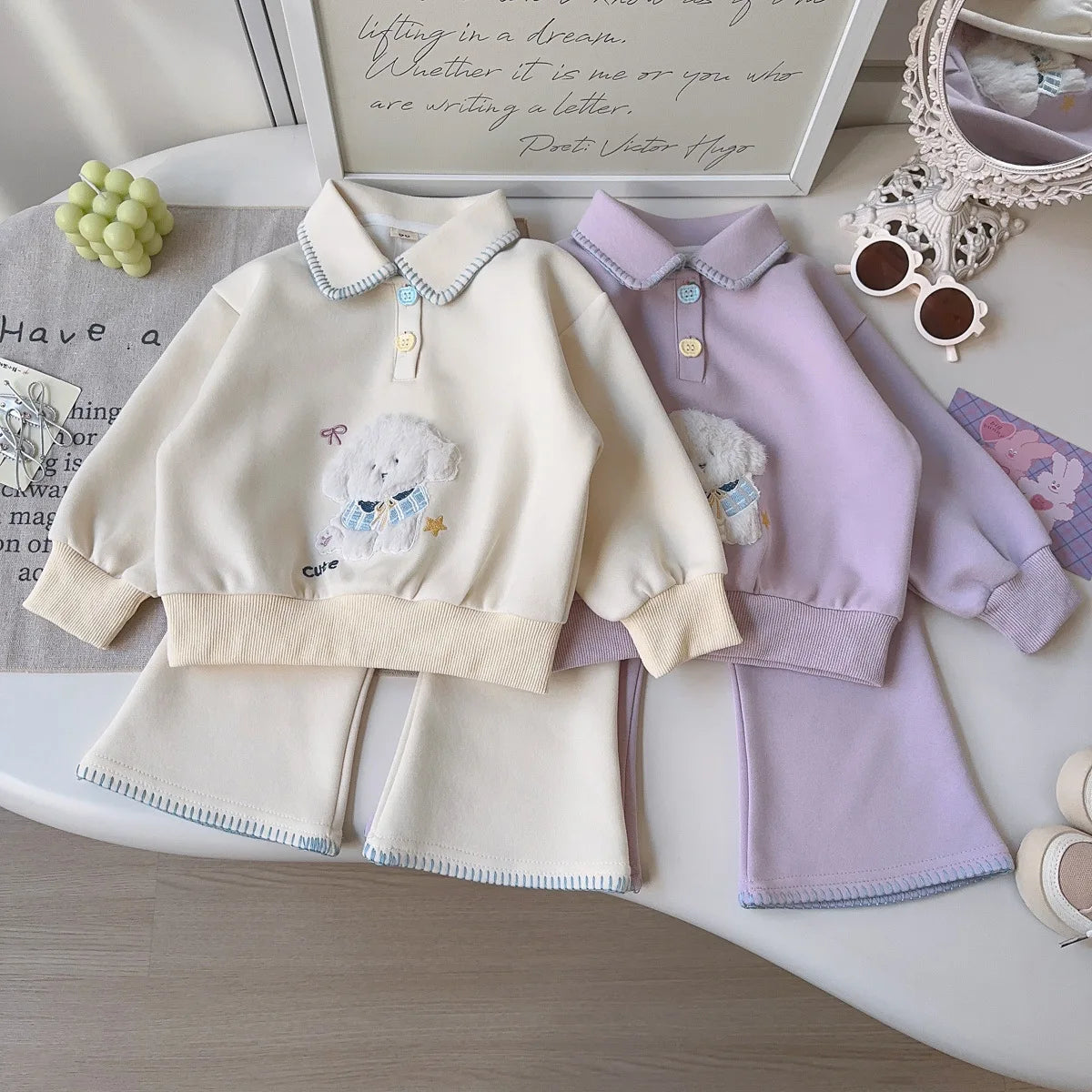 Children Girls Outfits 2026 Spring Kids Girls Dog Jacquard Turn Down Collar Sweatshirt Suits Solid Bell-bottoms 2PCS Clothes Set