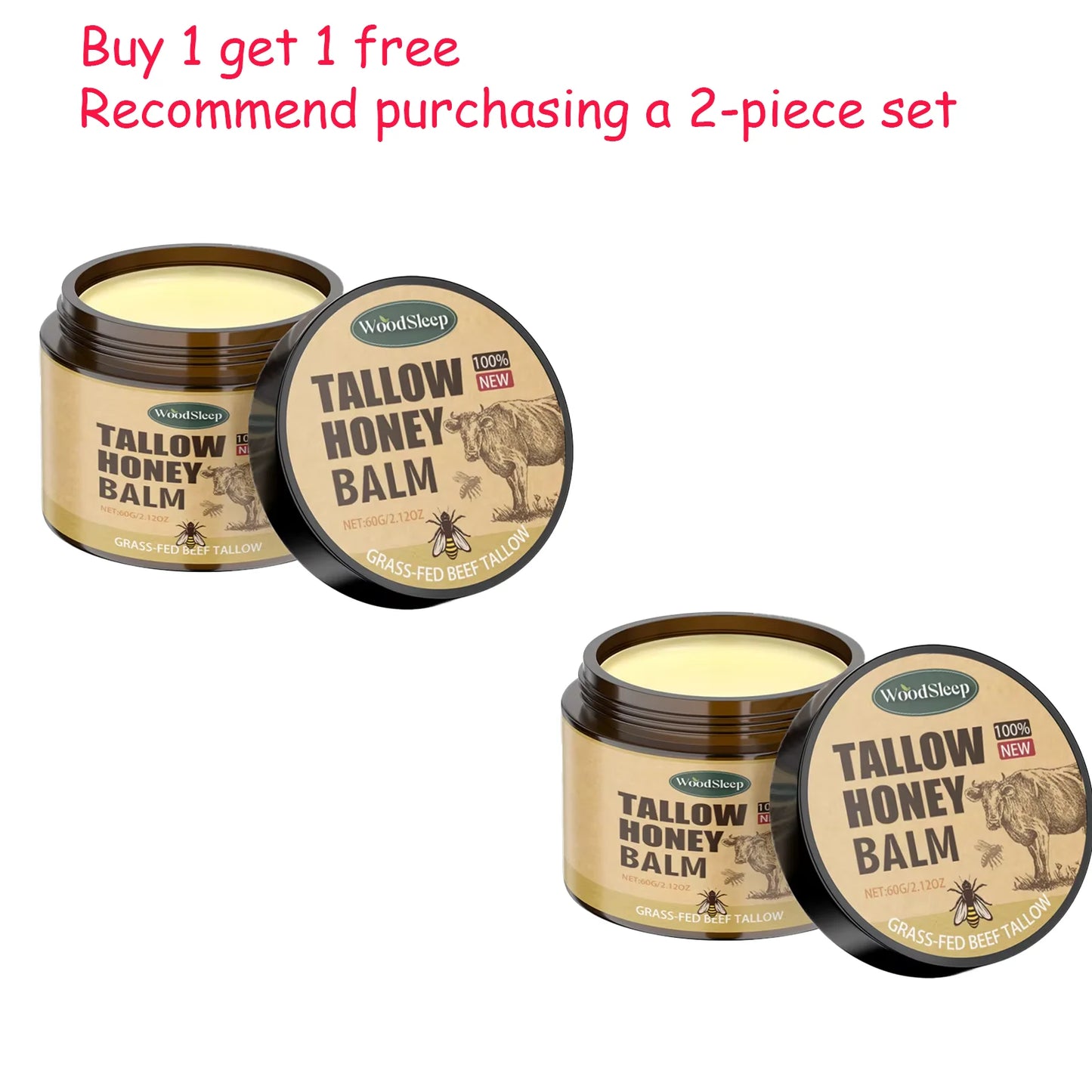 WoodSleep 60g Beef Tallow Honey Face Moisturizer - Intense Hydration for Dry Skin, Anti-Chapping Winter Skincare for Women & Men