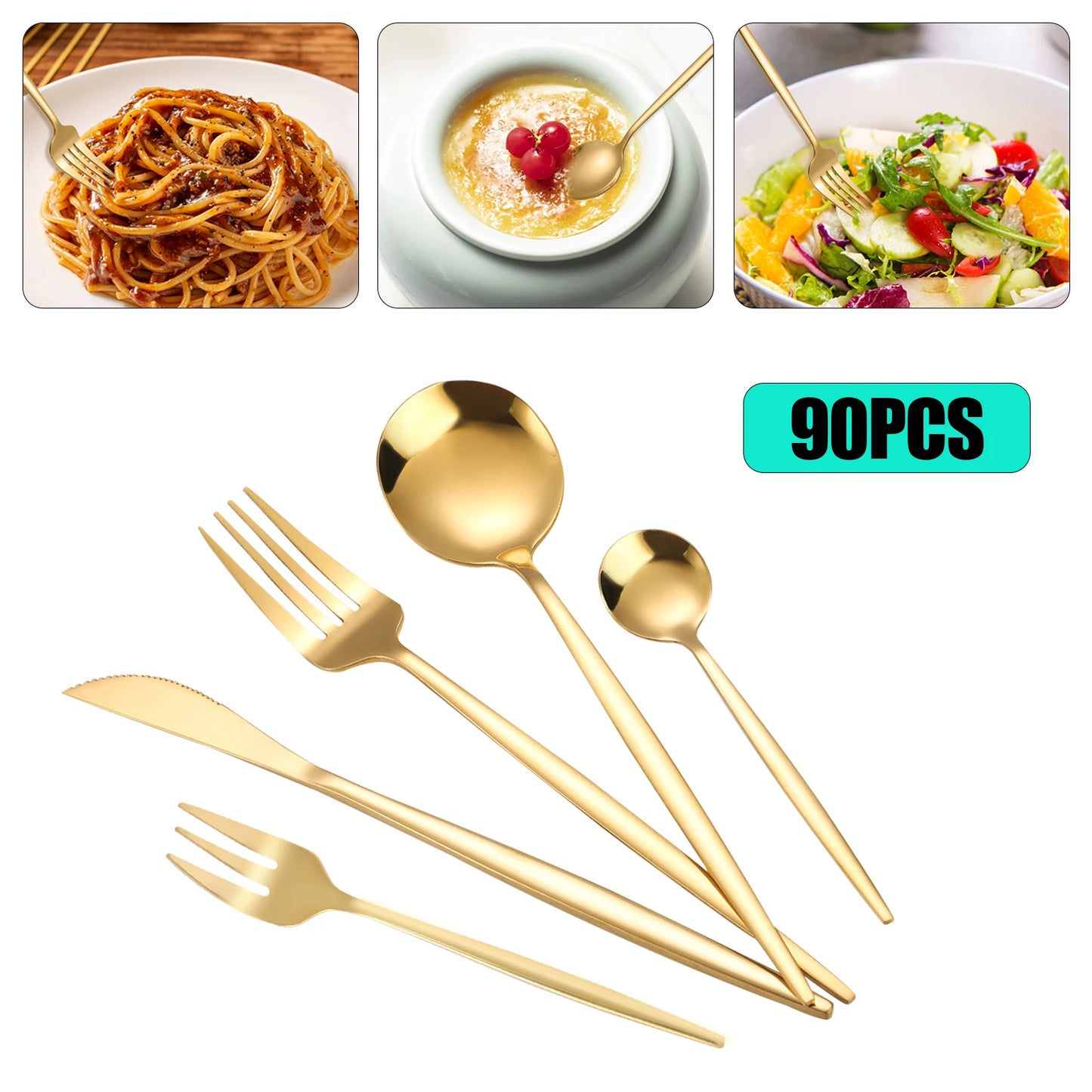 90Pcs Gold Stainless Steel Silverware - Heavy Duty Cutlery, 420 Stainless Steel Tableware Set for Wedding, Buffets, Restaurants