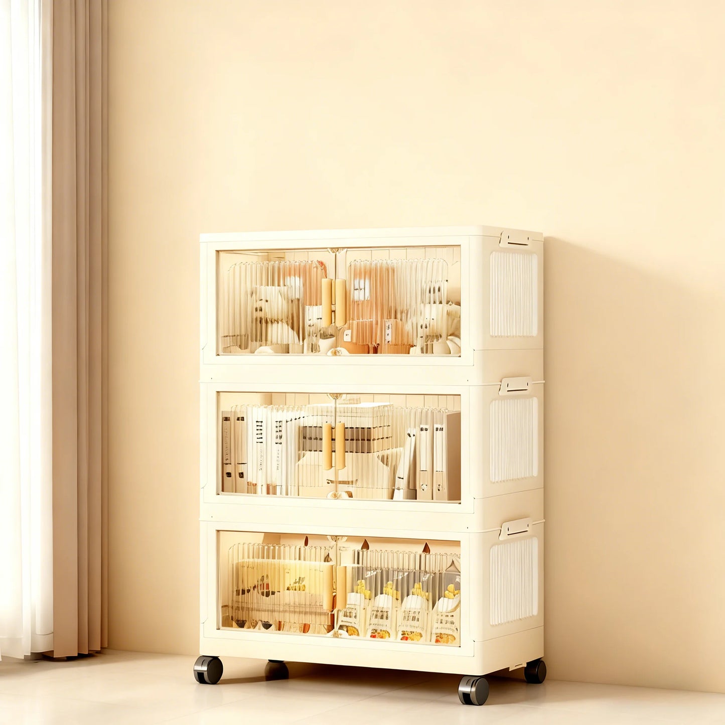 3/4/5-Tier Foldable Cabinet - Plastic Lidded Storage Box, Stackable w/Wheels, for Closet/Bedroom/Office/Kitchen, Decor & Rack